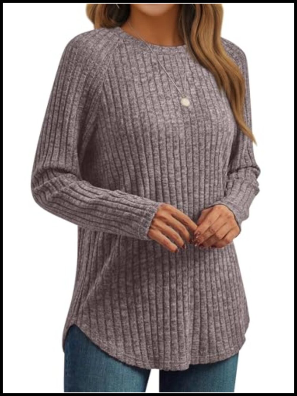 Ribbed Knit Long Sleeve Tunic Top Crew Neck Curved Hem Casual Fall